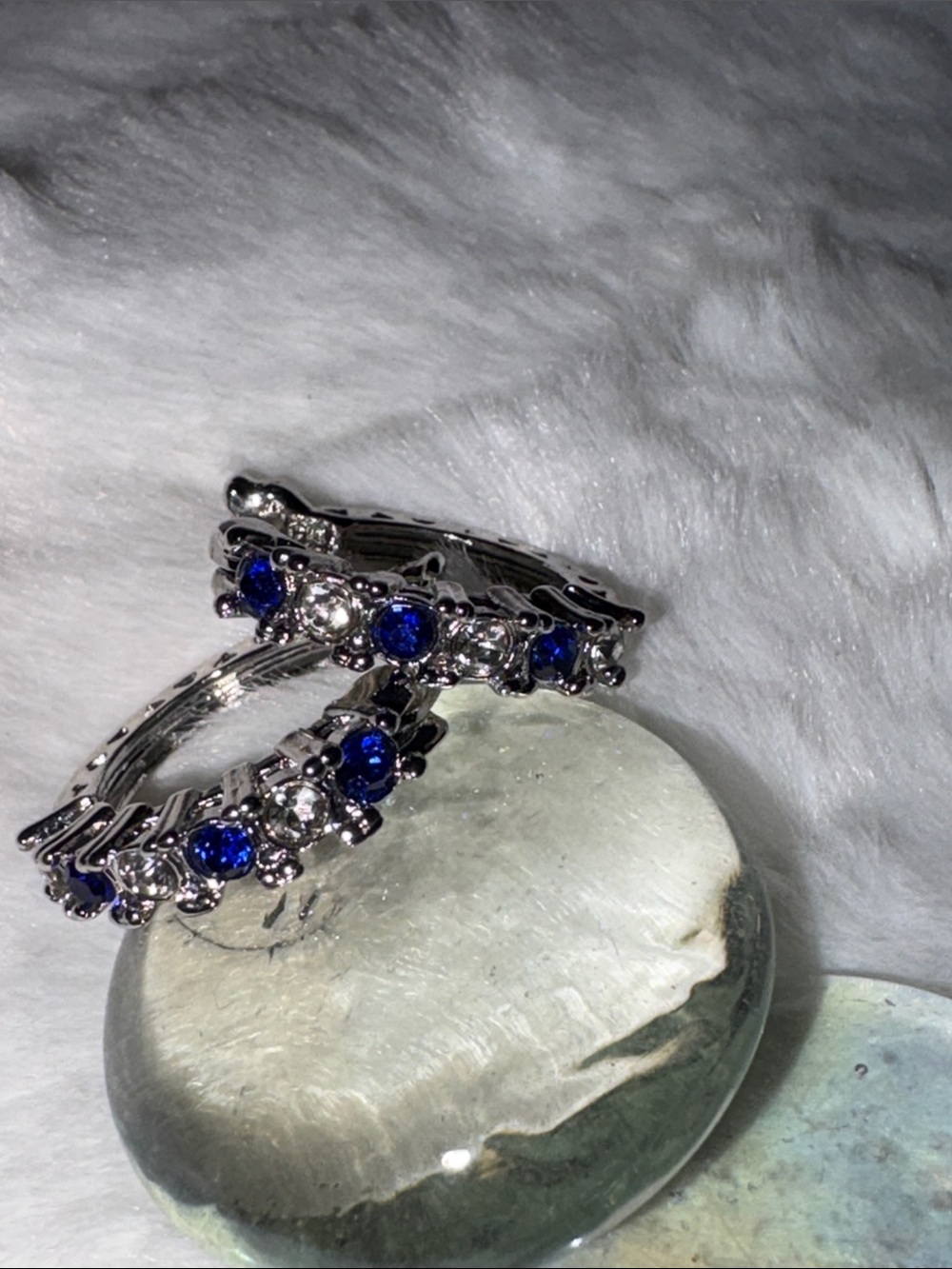Silver Hoop Earrings with Blue and Clear Austrian Crystals Earrings